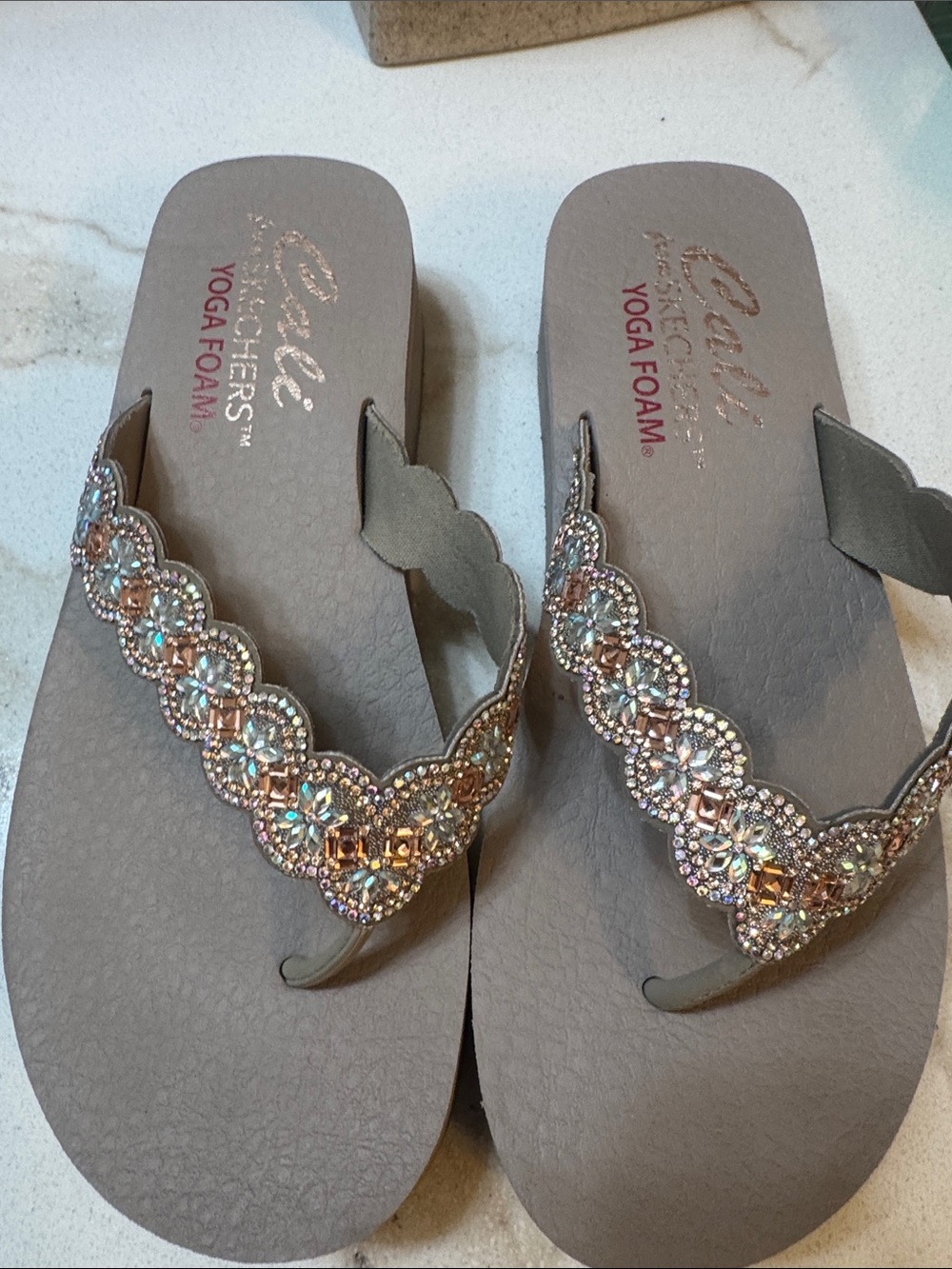 Skechers Taupe Jeweled Thong Sandals